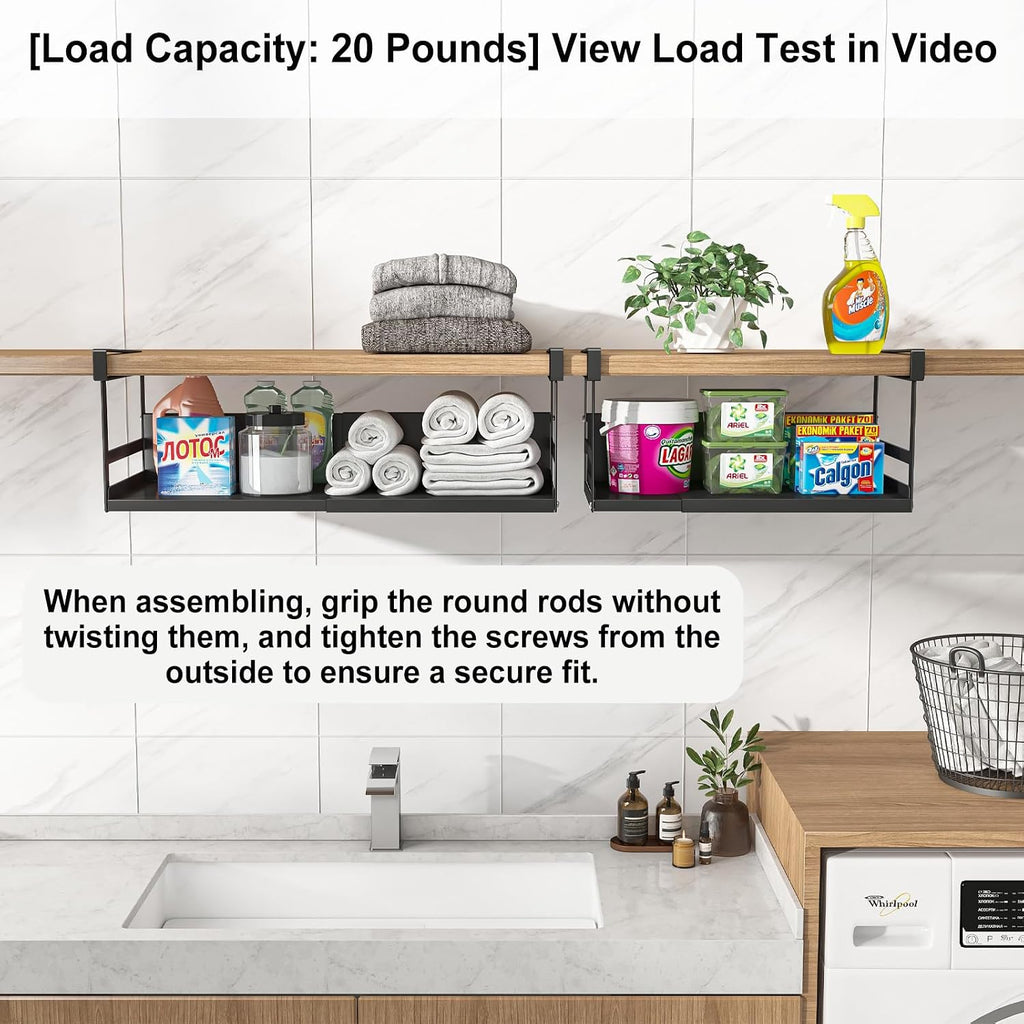 Expandable Under Cabinet Shelf Organizer with 0.94-Inch Thick Clips, Heavy Duty Extendable Under Shelf Storage Basket for Pantry or Laundry Room, Black, 1 Pack, Interior: 5.7" H x 7.2" D