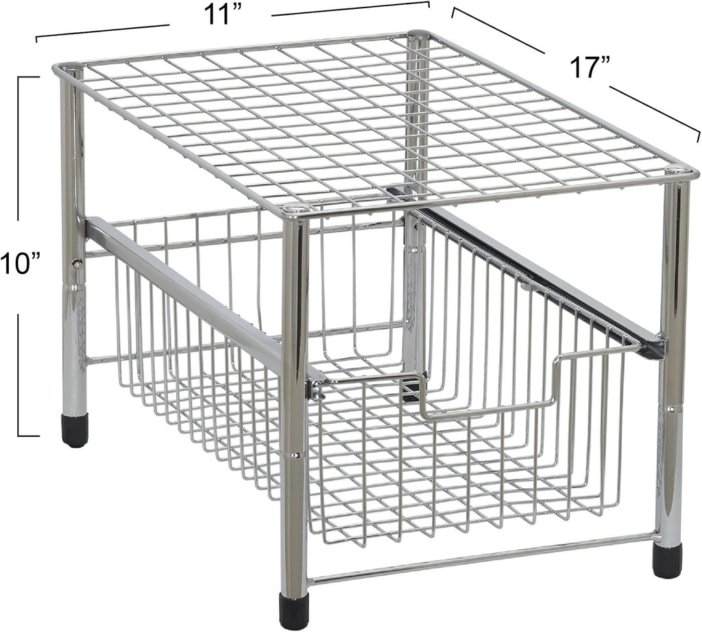 Household Essentials Free Standing Single Basket Sliding Cabinet Organizer with Metal Frame, Silver Finish