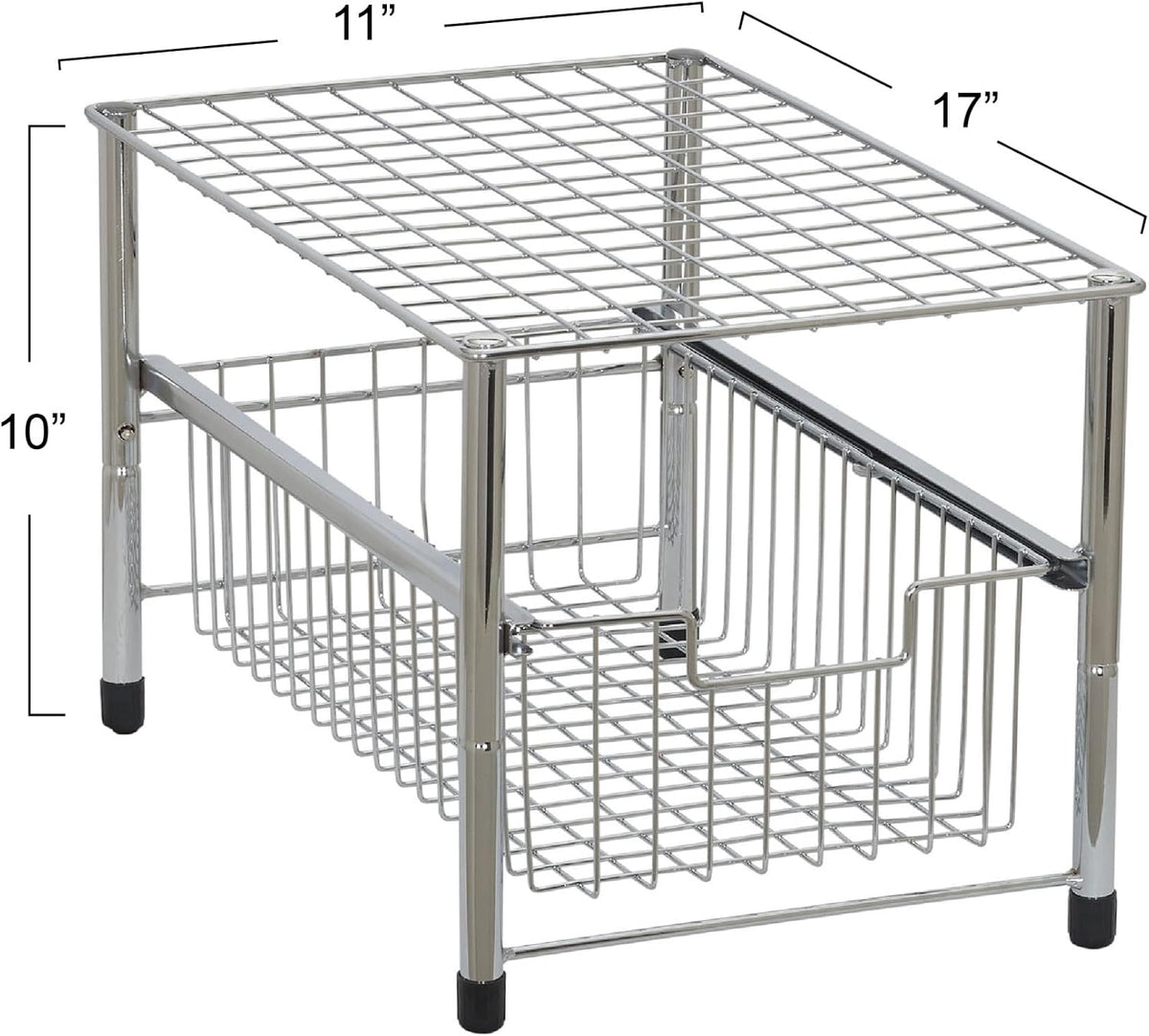 Household Essentials Free Standing Single Basket Sliding Cabinet Organizer with Metal Frame, Silver Finish