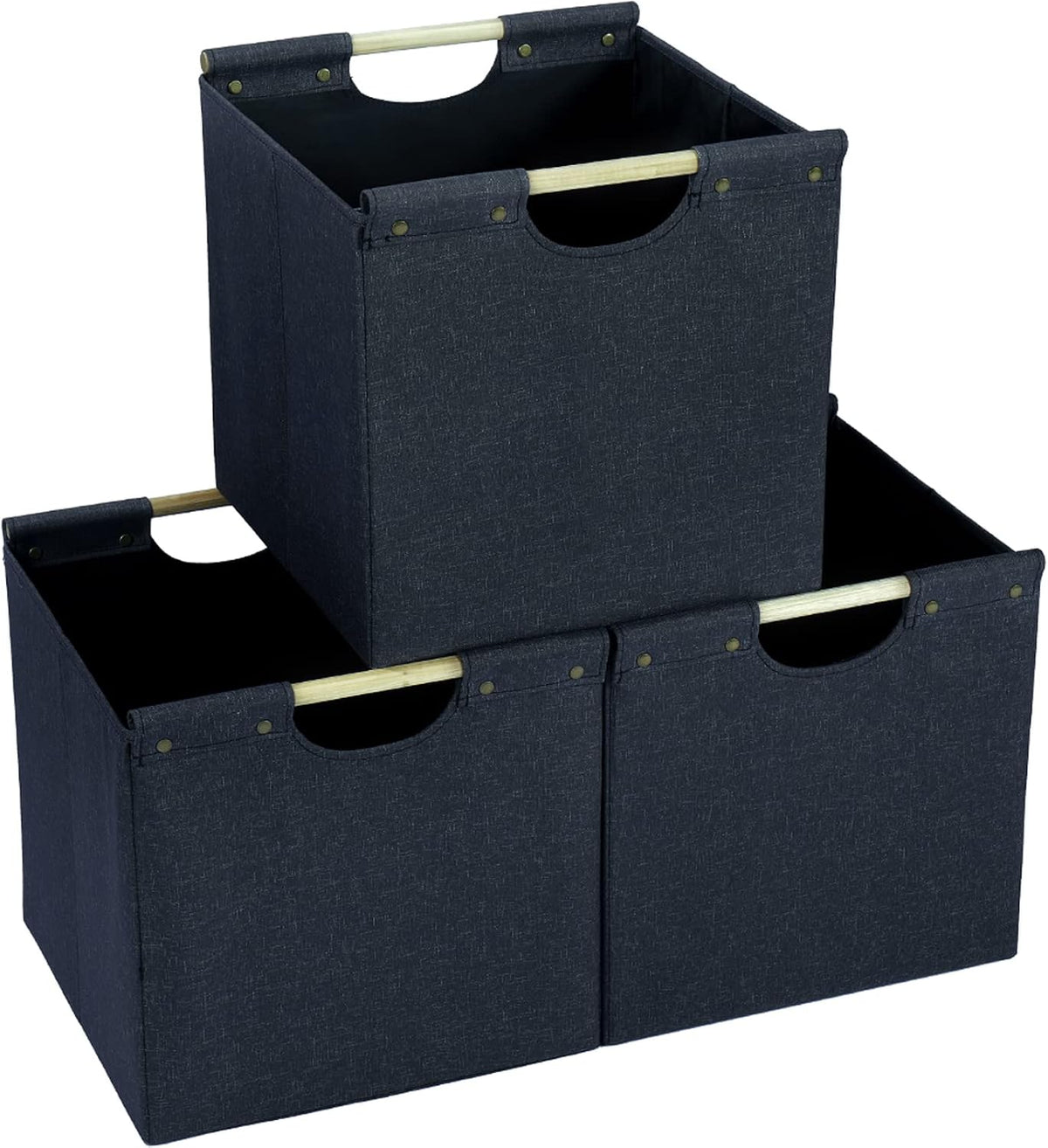 HOONEX Collapsible Storage Bins, 12x12x12in Storage Cubes Linen Fabric, 3 Pack, Storage Baskets with Wooden Carry Handles and Sturdy Heavy Cardboard, for Home, Office, Car, Nursery, Dark Grey