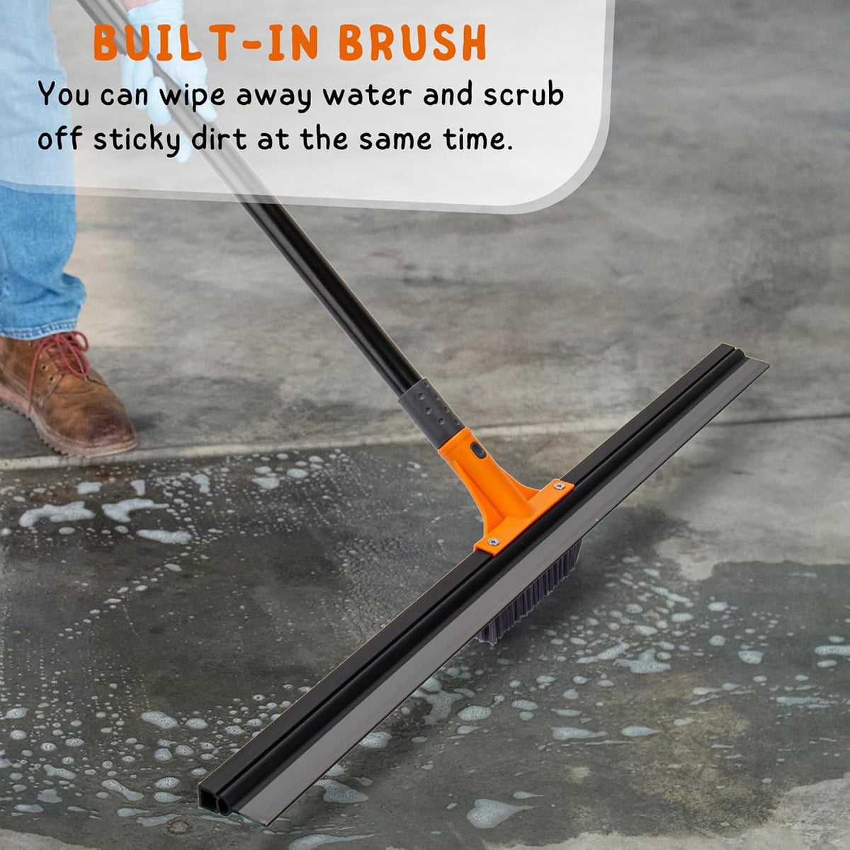 Floor Squeegee Broom, 56’’ Long Handle Water Wiper with Small Brush, 30'' Large Heavy Duty Household Squeegee for Concrete, Epoxy, Garage, Deck Cleaning