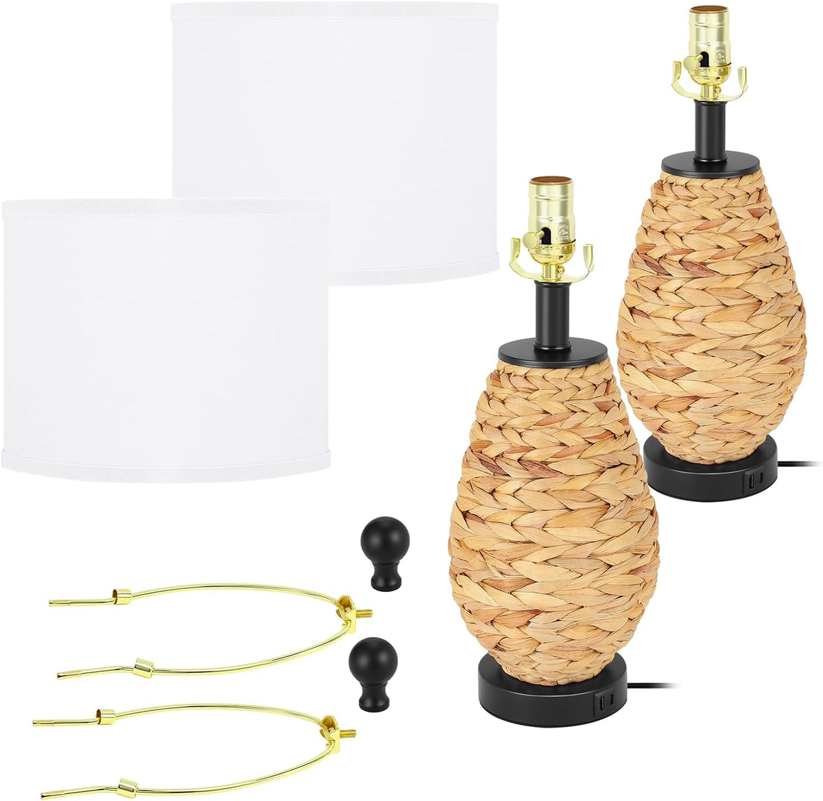 Coastal Table Lamps Set of 2, Retro Natural Seagrass Rattan Woven 25" Bedside Lamp, for Bedroom Living Room Home Nightstand Table Lamp(with USB C+A 5V 2.1A Charging Ports)