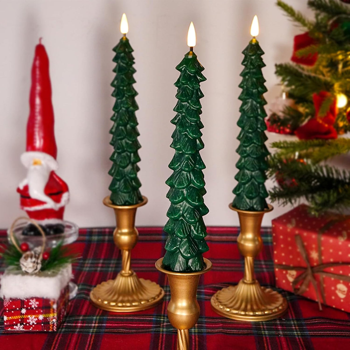 FPOO Waxy Christmas Tree Candles with Remote, Christmas Decorations Indoor, 3 PCS Real Wax Flameless Taper Candles Flickering, Green LED Candlesticks Battery Window Candle (9.5 inches)