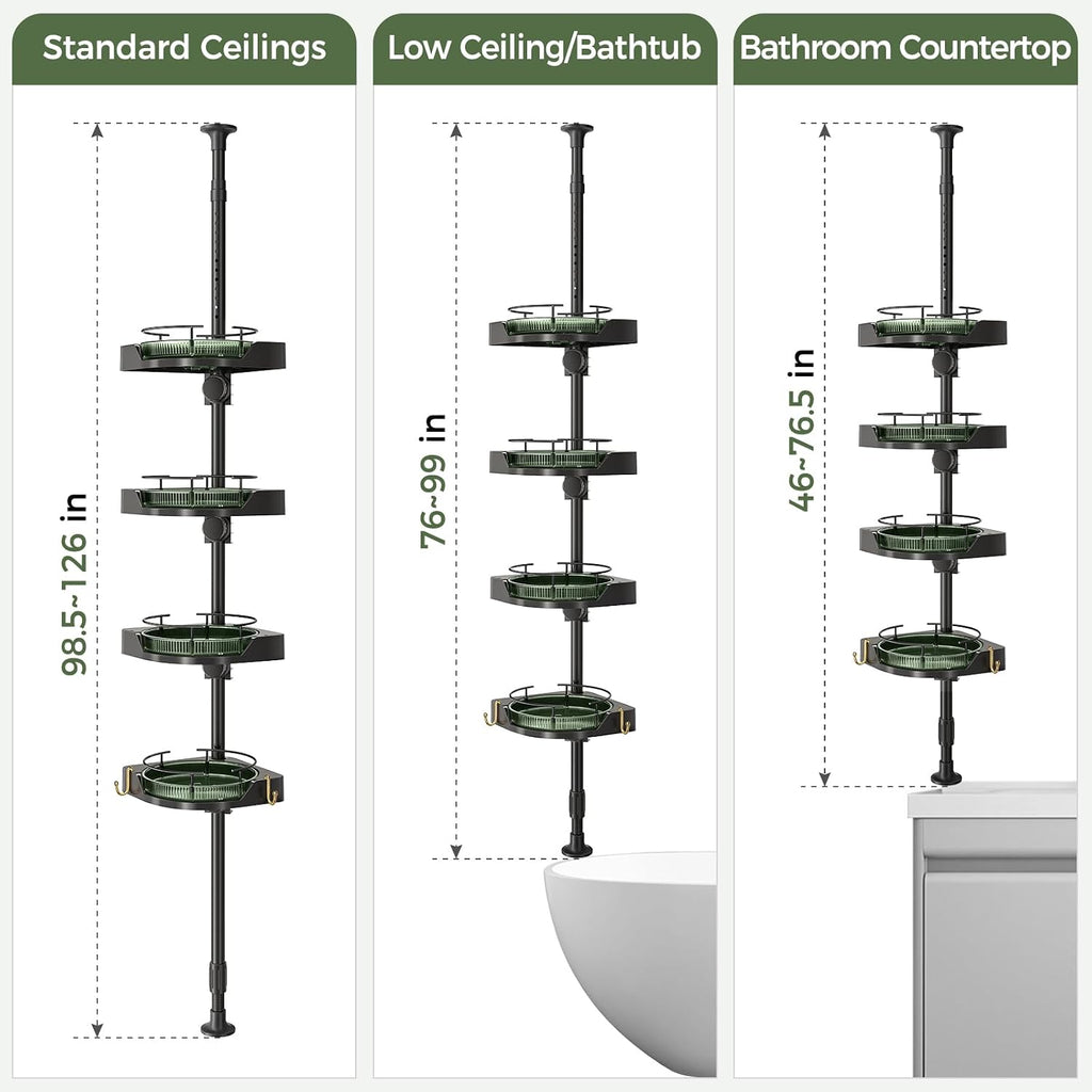 AKINBAS 360° Rotating Shower Caddy Tension Pole with 4-Tier Rustproof Lazy Susan 35-128 Inch No Drilling Coner Shelves Adjustable Shower Rack for Bathroom Bathtub Washbasin Plant Storage (Black+Green)