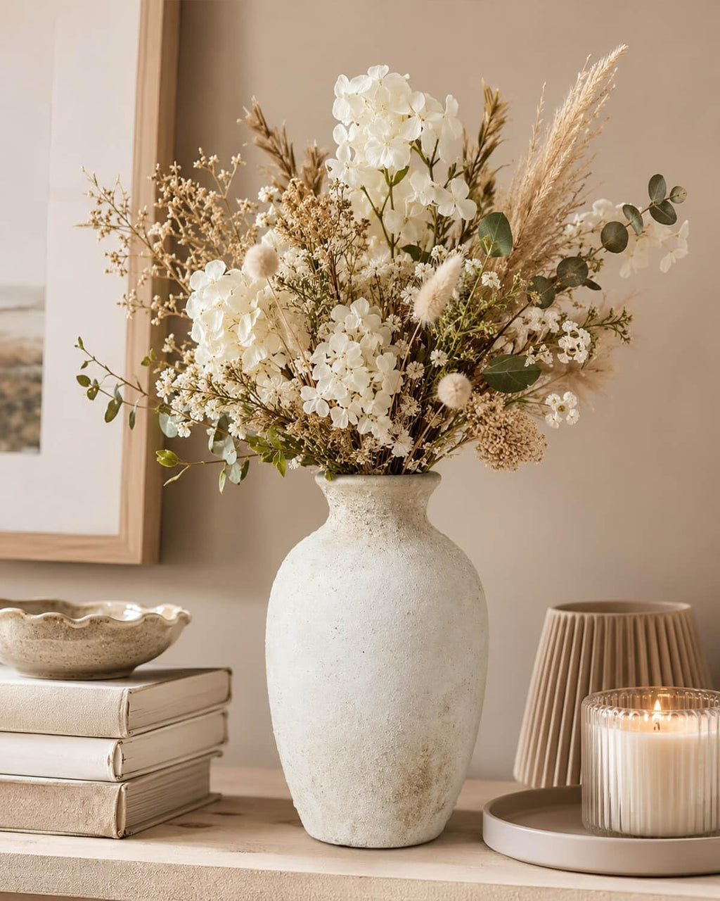 8.3 Inch Beige Ceramic Flower Vase, Rustic Farmhouse Bottle Vase
