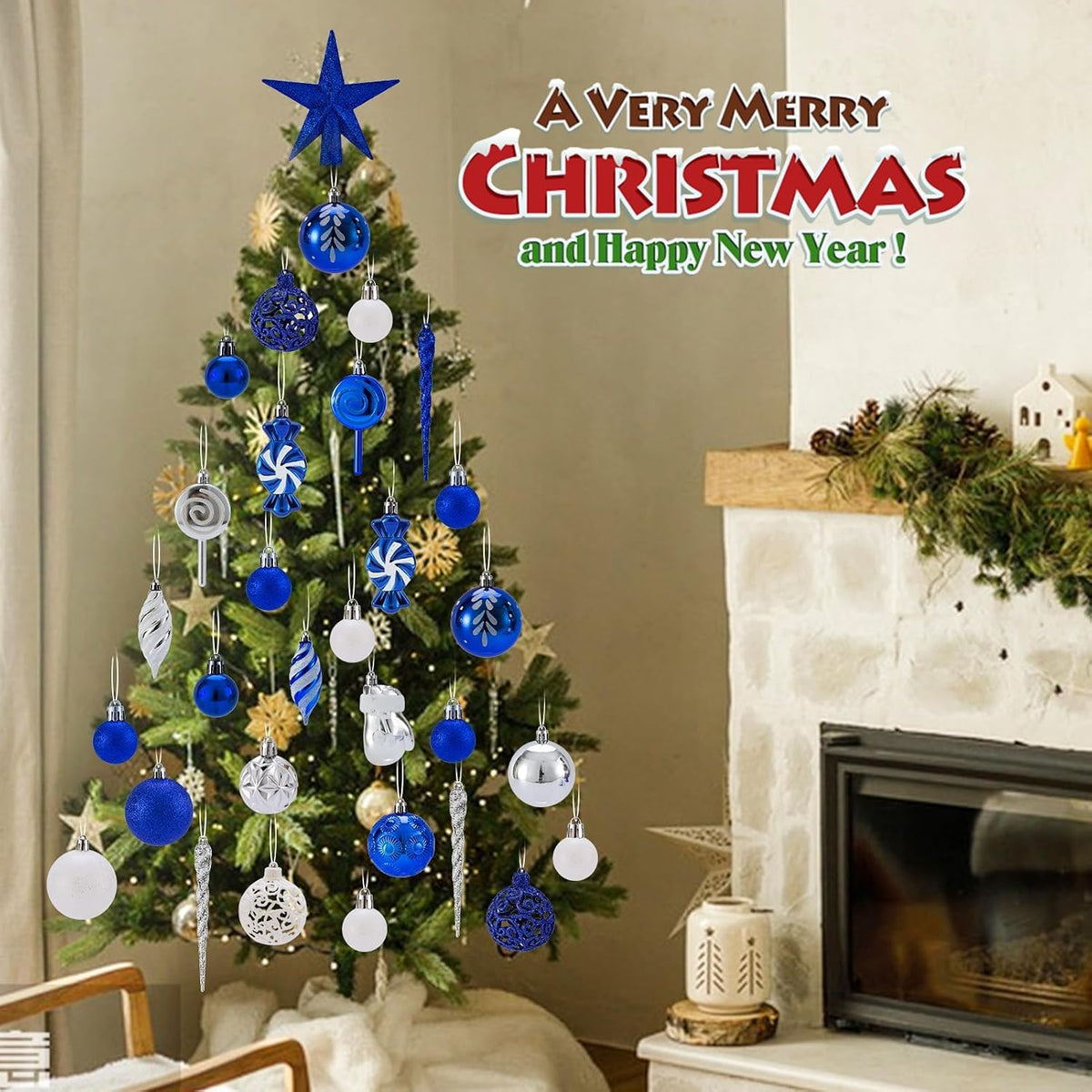 Christmas Balls Ornaments,Assorted Shatterproof Christmas Ornaments Set, Luxurious Hanging Pendants Package for Christmas Tree Party Holiday Indoor Decor (130Pcs-Blue)