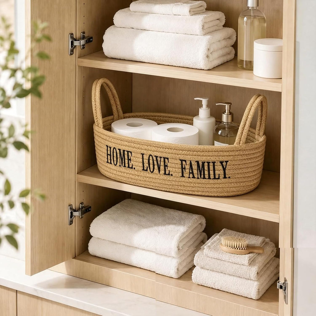 2 Pack Cotton Rope Storage Baskets, Toilet Tank Basket with Handles, "HOME. LOVE. FAMILY" Embroidered Bathroom Organizer Bin, Rectangular Woven Storage Basket for Bathroom, Shelves, Countertop, Vanity