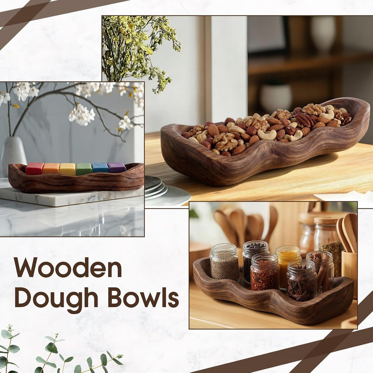 Nuogo 14 Inch Wooden Wavy Edge Dough Bowl Supplies, Brown