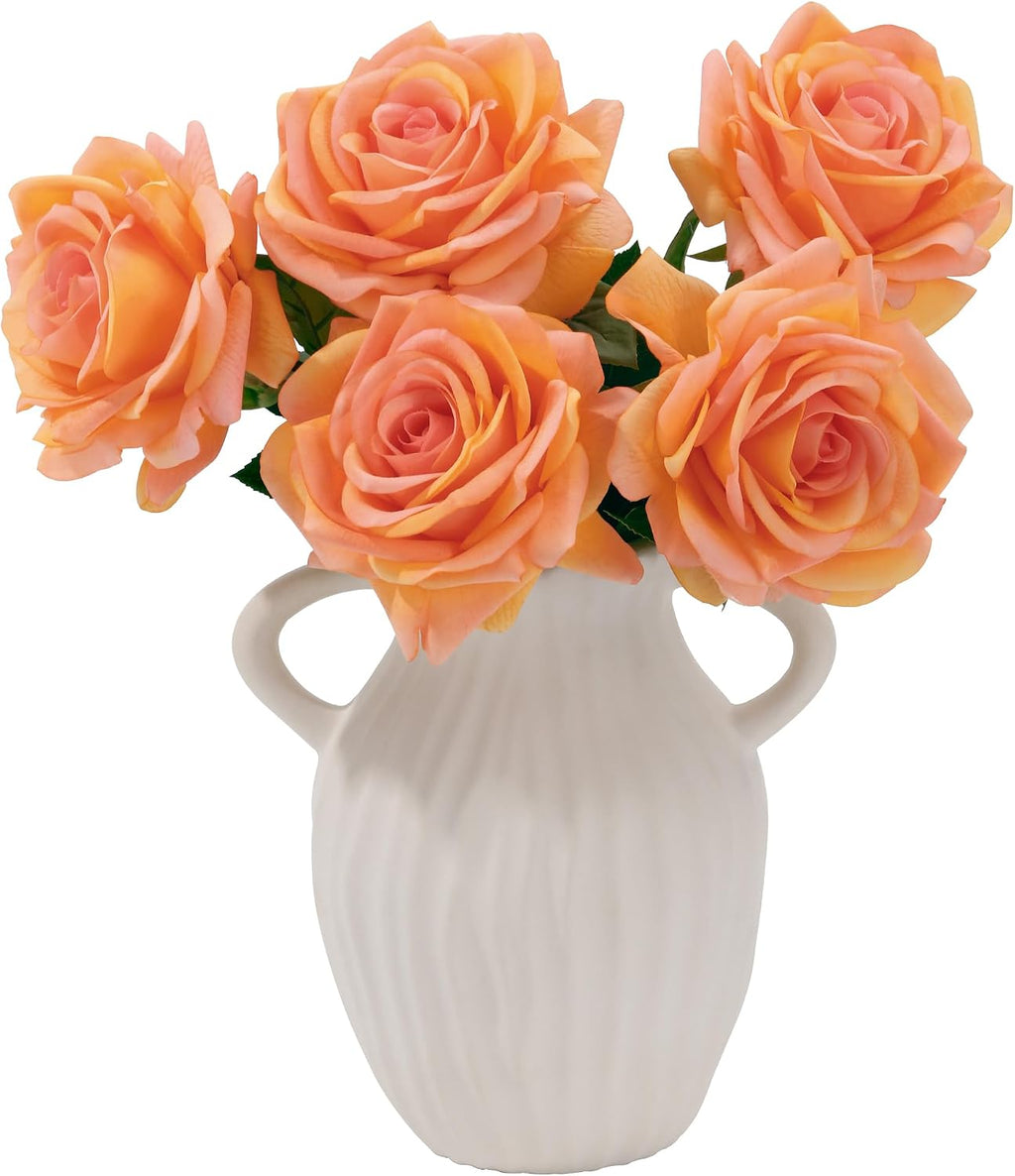 Real Touch Artificial Roses, 5Pcs Peach Coral Faux Silk Flowers