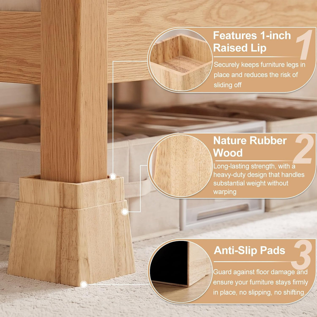 Alpeir Adjustable Bed Risers 4 inch Heavy Duty, Fit 2 to 3 inch Leg, Nature
