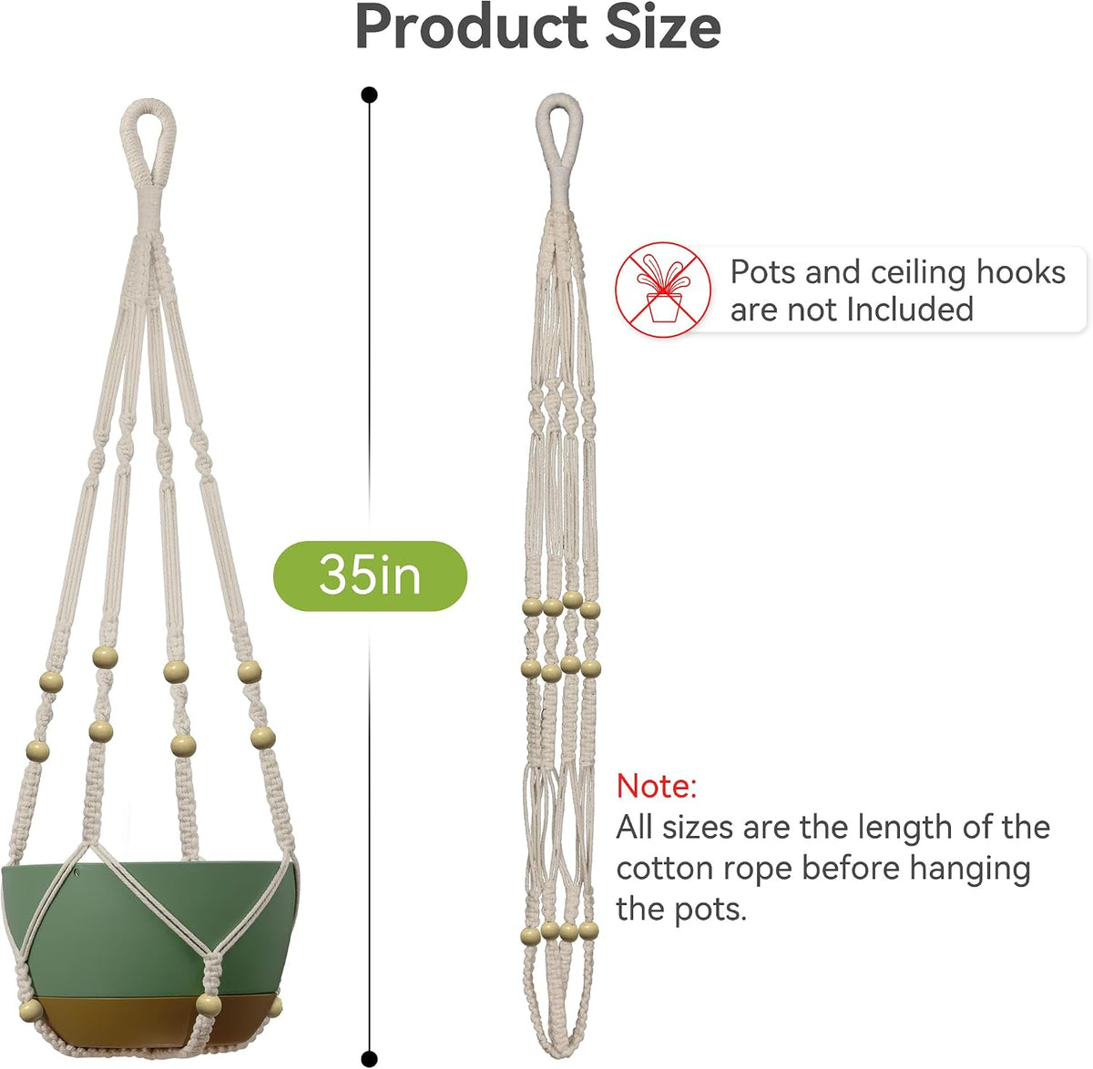 USLAI Macrame Plant Hanger, for Up to 15 Inch Pots, 35 Inch, Ivory, 2 Pack