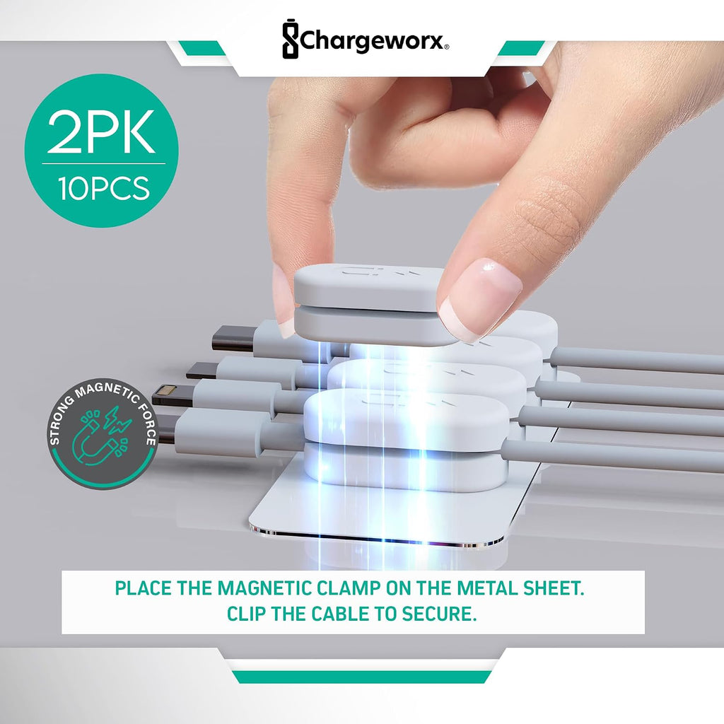 Chargeworx Magnetic Cable Holder Cable Management Multipurpose Desktop Cable Management System, 10-Pack, Great for USB-C, Lightning, Micro-USB & Other Cables Sticks to Any Surface (White - 10 Pack)