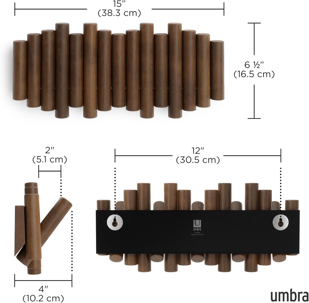Umbra Picket Coat Rack, Wall Mount 5 Flip-Down Coat Hooks, Walnut