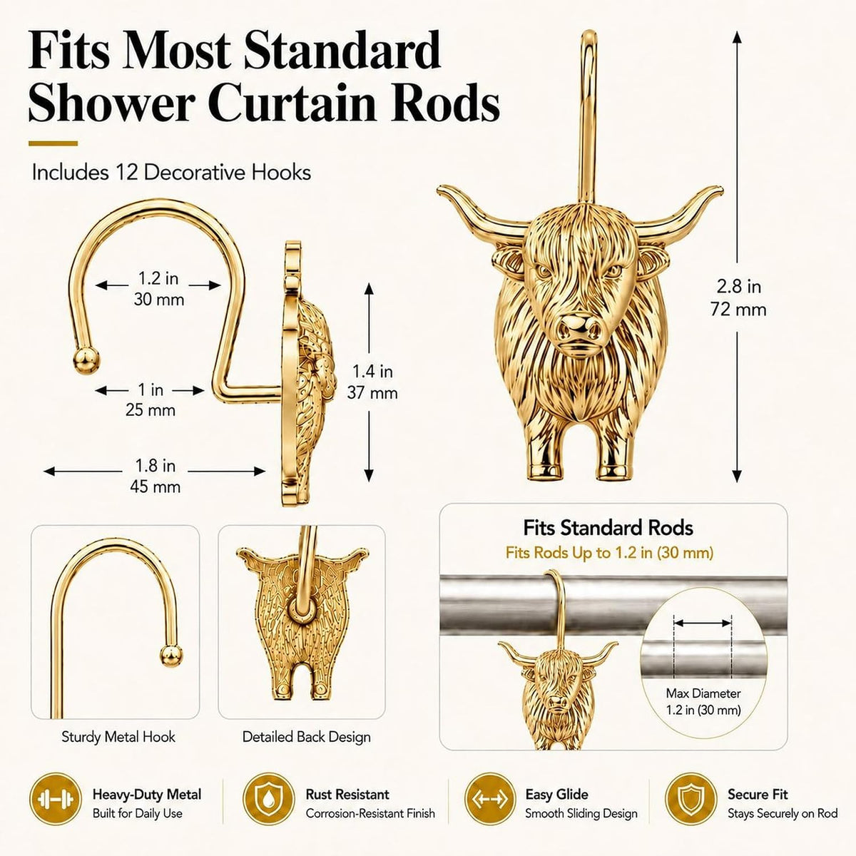 Highland Cow Shower Curtain Hooks, Rust-Resistant Zinc Alloy Metal Hooks, Farmhouse Bathroom Decor, 12 Pack (Gold)