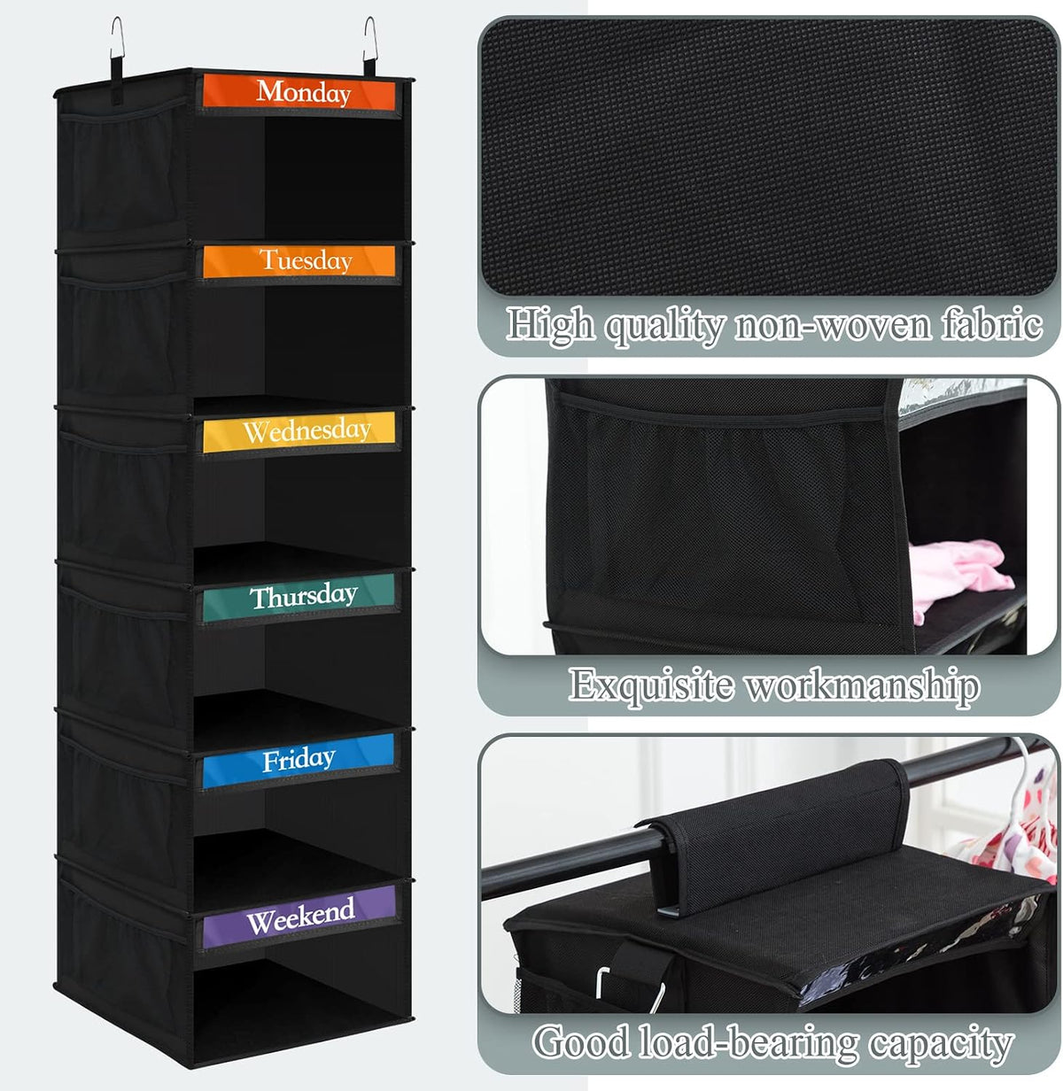 Amylove 2 Pcs 6 Shelf Hanging Weekly Clothes Organizer for Kid,Black