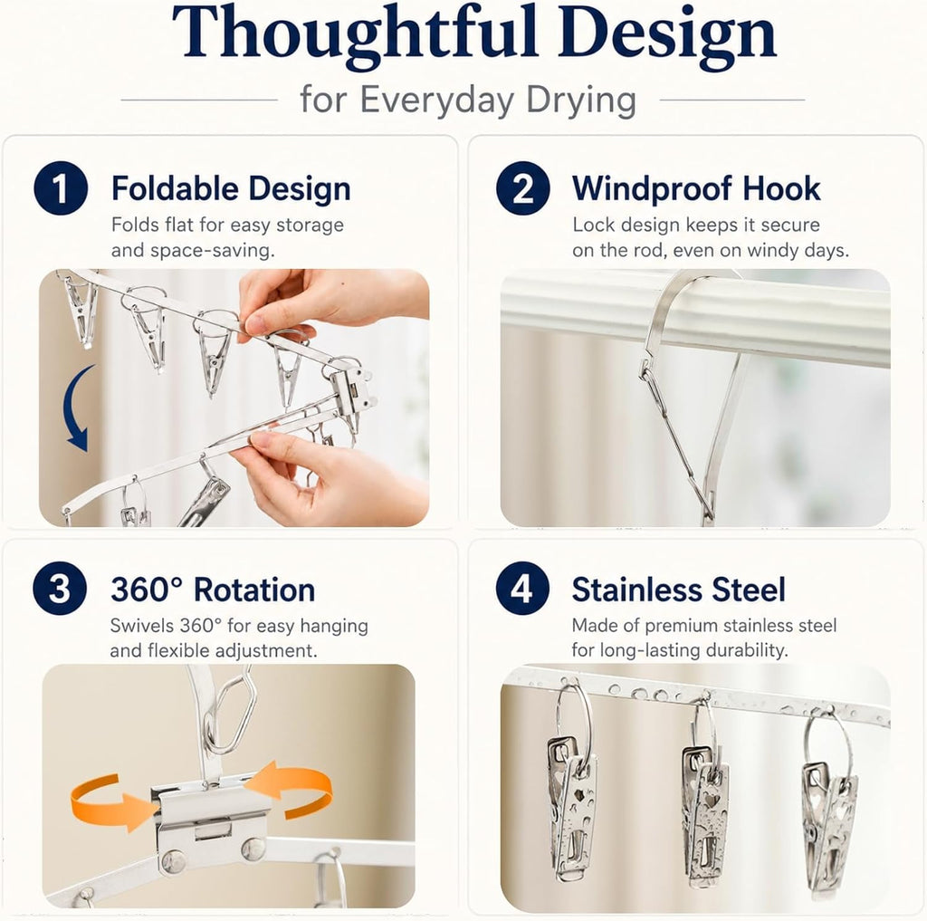 Foldable Clothes Drying Rack with 10 Clips, Stainless Steel, 4 Pack