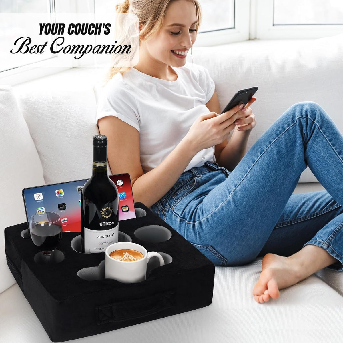 Couch Cup Holder Pillow Tray - Sofa Drink Cup Holder Cozy Buddy | Bed Caddy Organizer for Remote, Snacks Beverage, Phones, Tablet | Use it on Car, Pack, Beach, RV, Boat, Bedroom (Black)