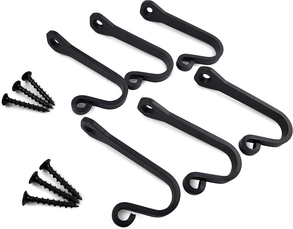 Heavy Duty Cast Iron Wall Hooks – Multi-Purpose hangers for Cast Iron Pots & Pans, Mugs, Towels, Coats, Hats, fireplace, Entryway & More – Rustic Farmhouse Craftsman Décor – Matte Black (6 Pack)