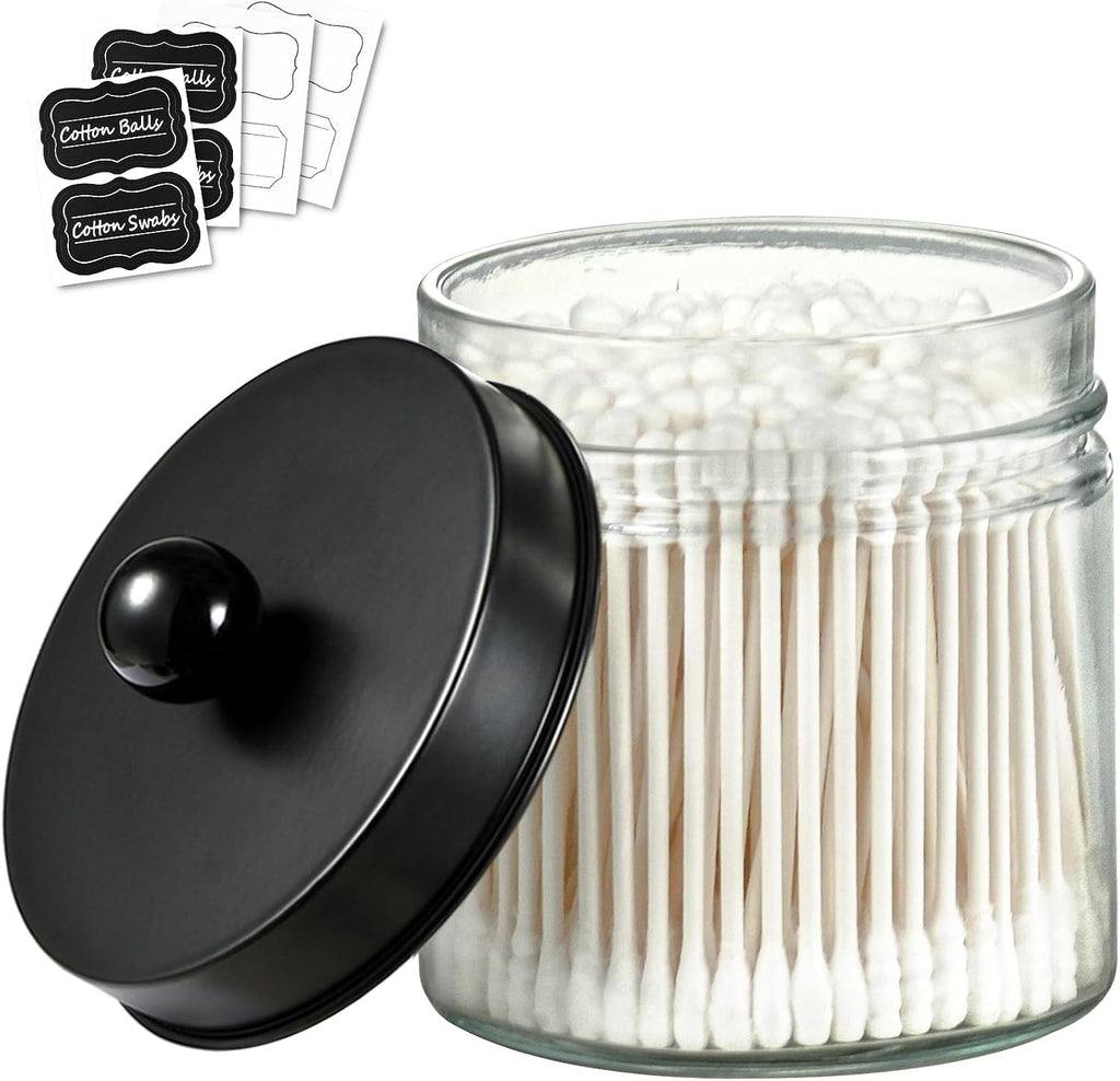 SheeChung Glass Mason Jar Qtip Holder, Black Stainless Steel Lids, 1 Pack