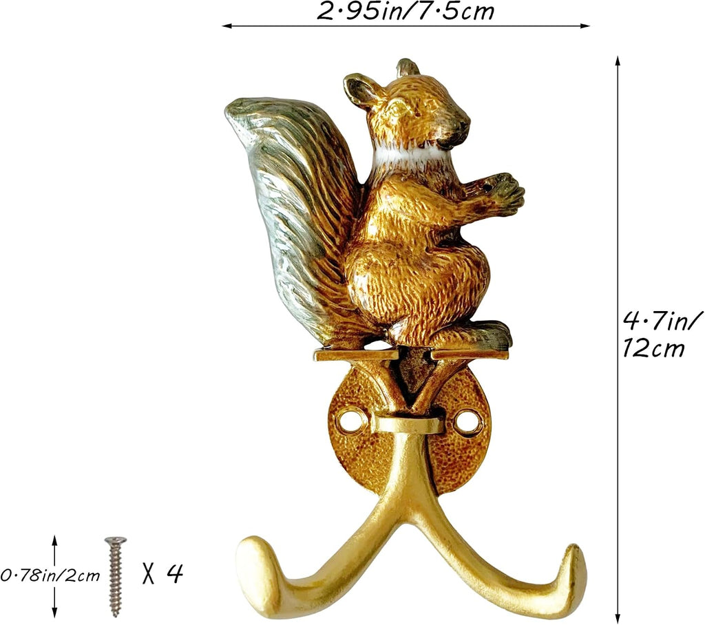 Vintage Squirrel Shaped Decorative Wall Hooks Rack Hangers for Hanging Clothes Coats Towels Keys Hats, 2 Pack Antique Metal Mounted Wall Hook