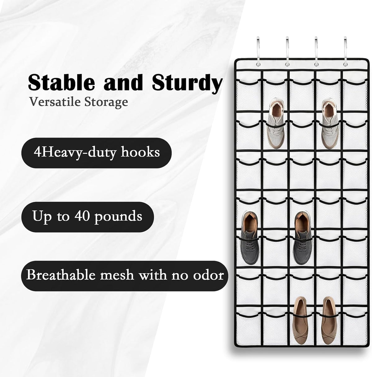 Over the Door Shoe Organizer, 35 Large Breathable Mesh Pockets, Space Saving Hanging Storage, Holds Up to 40 lbs, Hangs on Closets for Shoes, Accessories, White