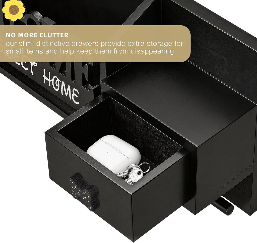 Key Holder Wall Mount with 3 Hooks and Storage Drawer, Home Mail Organizer