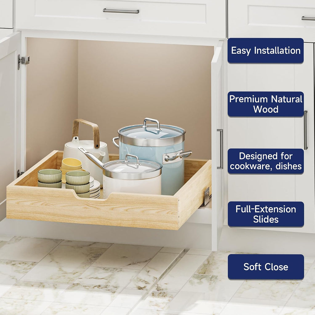 Pull Out Cabinet Organizer, 22.5 in W x 21 in D Solid Wood Slide Out Drawer, Soft Close Sliding Shelf, Bottom or Side Mount for Kitchen Pantry Bathroom, Fits 23.5 in Cabinet Opening