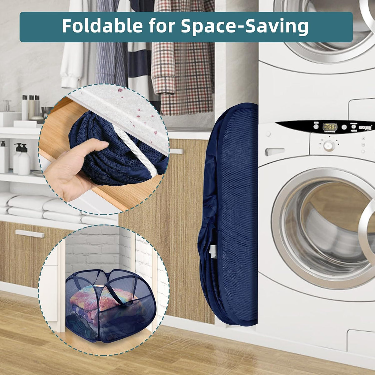 2 Pack Collapsible Foldable Laundry Baskets, 90L Large Durable Mesh Pop Up Hampers for Bedroom, Bathroom, Dorm, Laundry Room, Travel - Navy