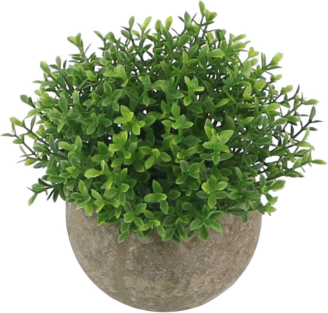 Ogrmar Mini Plastic Faux Plants in Pot/Small Topiary Shrubs Green Leaf