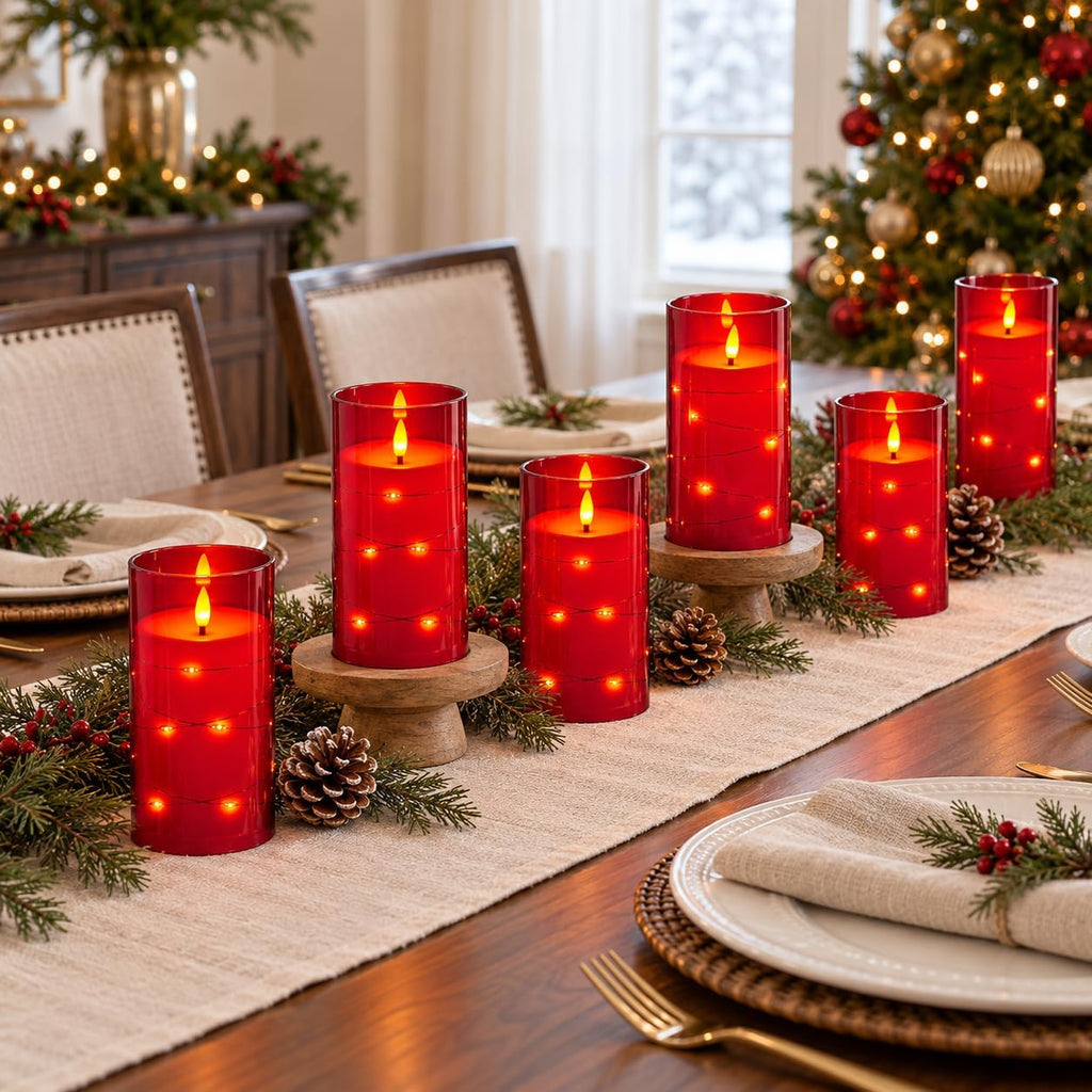 Flickering Flameless Candles with Remote Timer, 6pcs LED Battery Operated Candles with Embedded String Lights Red, Same Size D3 H6
