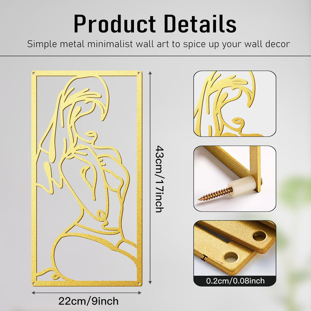 Bakovity Gold Metal Bathroom Wall Art Minimalist Line Art Wall Decor Gold Abstract Modern Wall Decor for Bathroom Living Room Bedroom (4 Pcs,17 x 9 in)