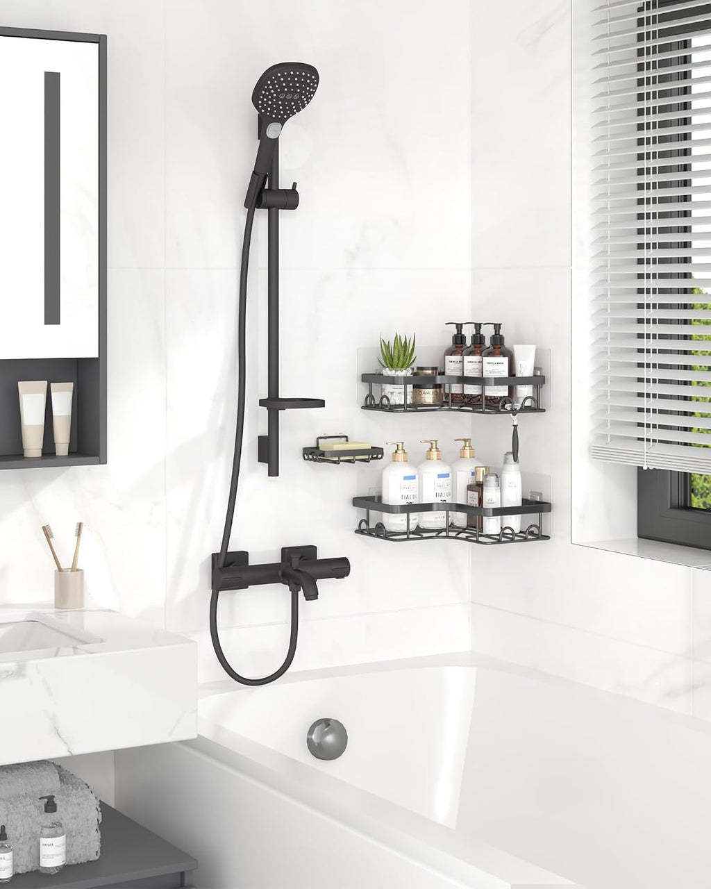 Sakugi Corner Shower Caddy, Large, 3-Pack, Soap Holder & Hooks, Black