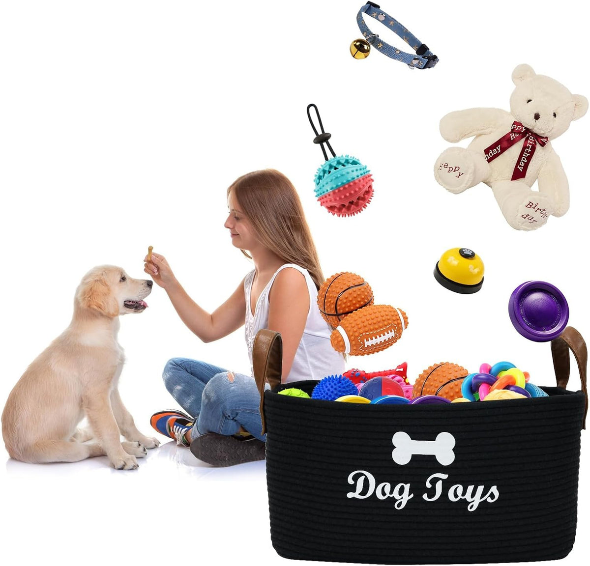 Large Dog Toy Basket, 100% Cotton Rope Dog Toy Storage Bin-Black