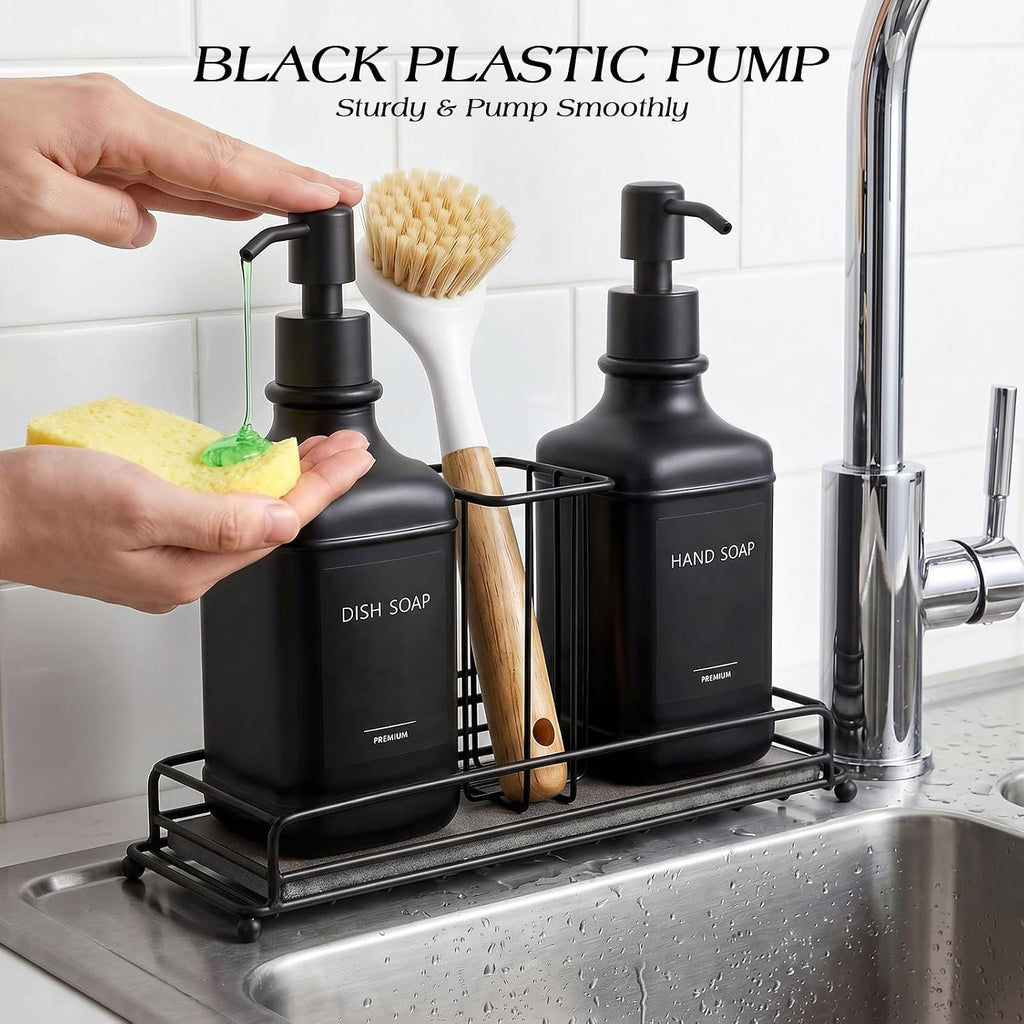 Kitchen Soap Dispenser Set, Hand and Dish Soap Dispenser Set with Sponge Holder, Dish Soap Dispenser with Instant Dry Tray for Kitchen, 17 fl oz Black Glass Soap Dispenser with Pump