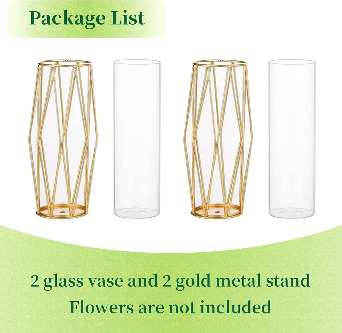 Gold Modern Flower Vases for Centerpieces – Hewory 11Inch Glass Vase with Metal Stand Set of 2, Wide Big Tall Geometric Vases for Flowers, Flower Holders for Wedding Home Decor (Large,2pcs)