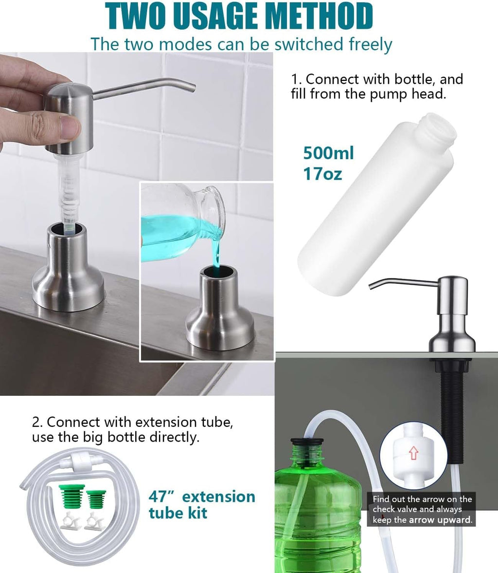 Soap Dispenser for Kitchen Sink, SonTiy Kitchen Dish Soap Dispenser Pump Brushed Stainless Steel Liquid Soap Dispenser with 47" No-Spill Extension Tube with Check Valve+17 OZ Bottle, Powerful Suction