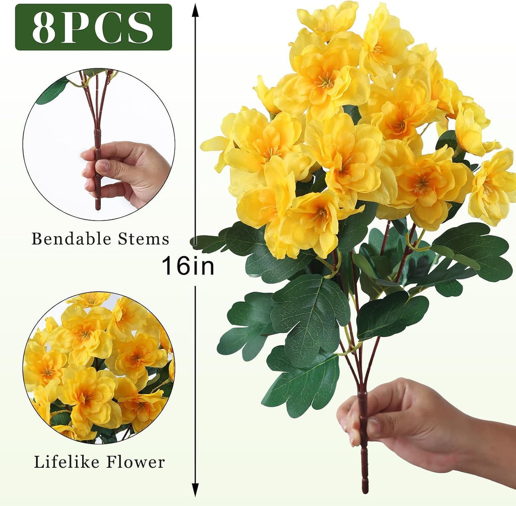 8 Bundles 16" Artificial Azalea Flower Bouquet for Front Door(Yellow)