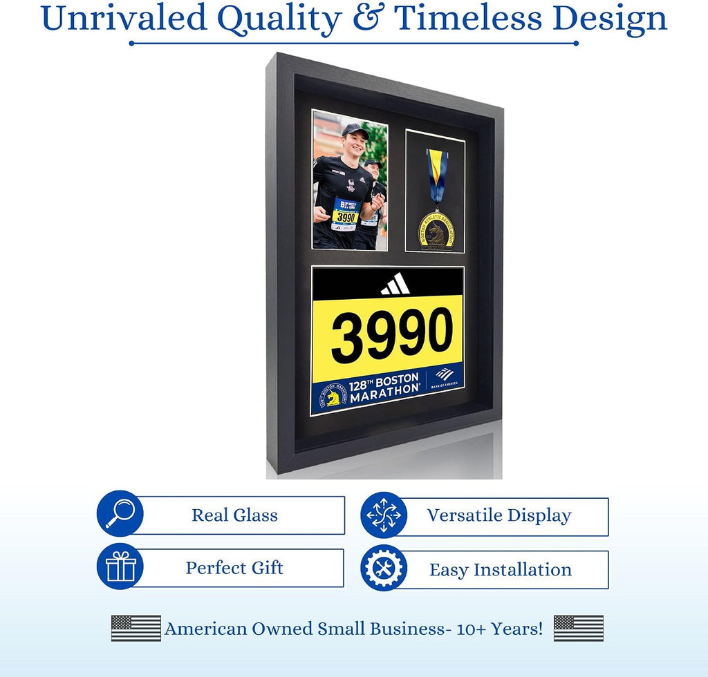 MedalAwardsRack 3 in 1 Shadow Box Display (Medal, Race Bibs, and Photo Display) – Marathon Medal Display, Marathon Medal Frame, Triathlon and Running Bib Holder.