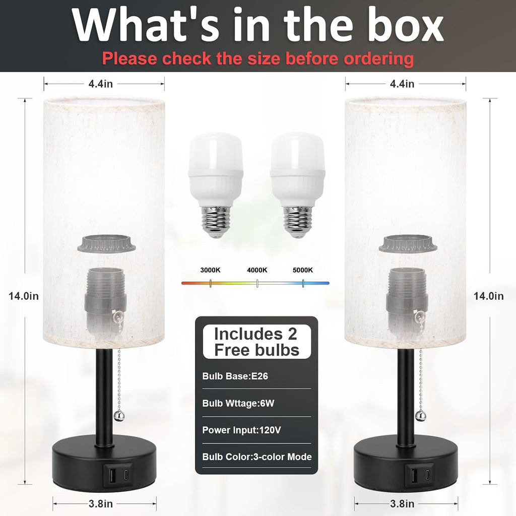 Fenmzee Cream Bedside Table Lamps Set of 2 - Bedroom Lamp for Desk, USB C+A