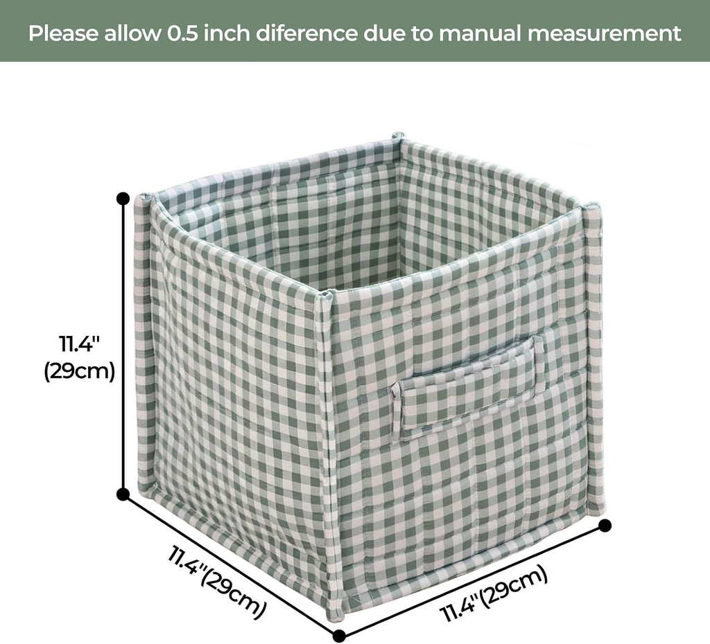 vctops Green Gingham Storage Cubes Organizer, 11.4 Inch 3 Pack Collapsible Fabric Storage Bins with Handles for Organization, Closet, Shelves, Offices, Toys (Green,11.4"x11.4"x11.4")