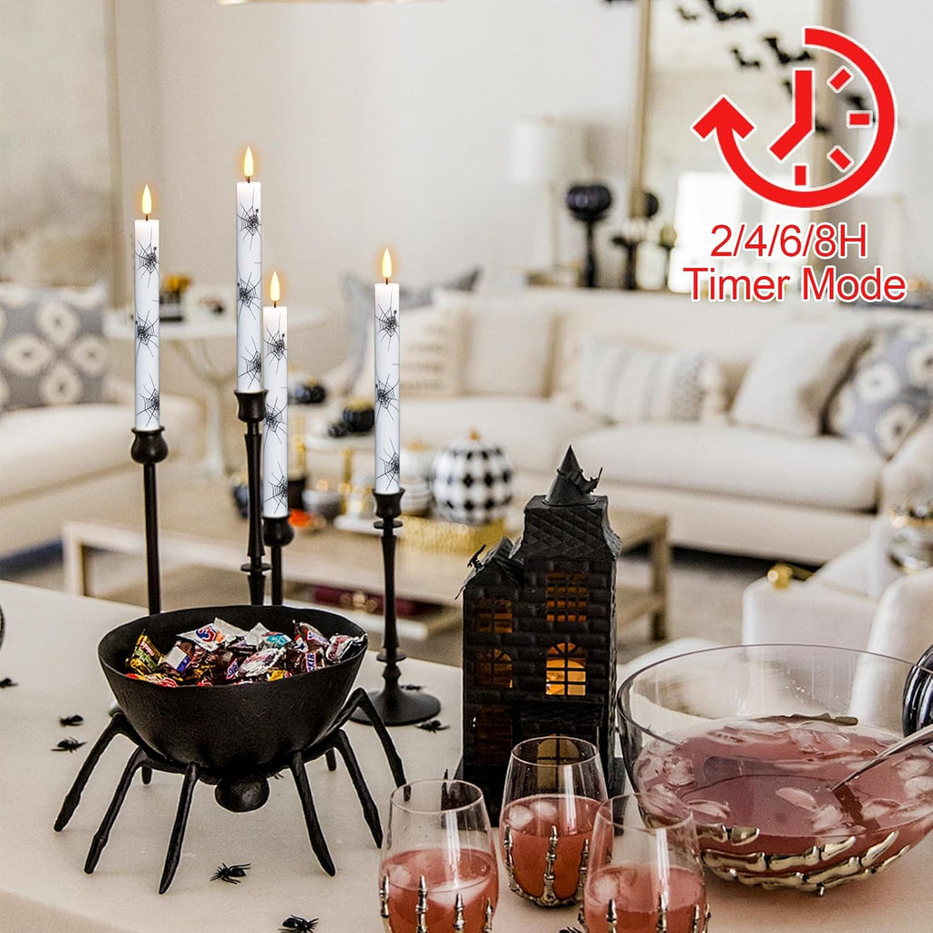GenSwin Real Wax Flameless Taper Candles, 4 Pack Halloween LED Taper Candles Battery Operated with Remote Timer, Flameless Candlesticks with Spider Web Prints for Halloween Decoration (0.75” x 9.65”)