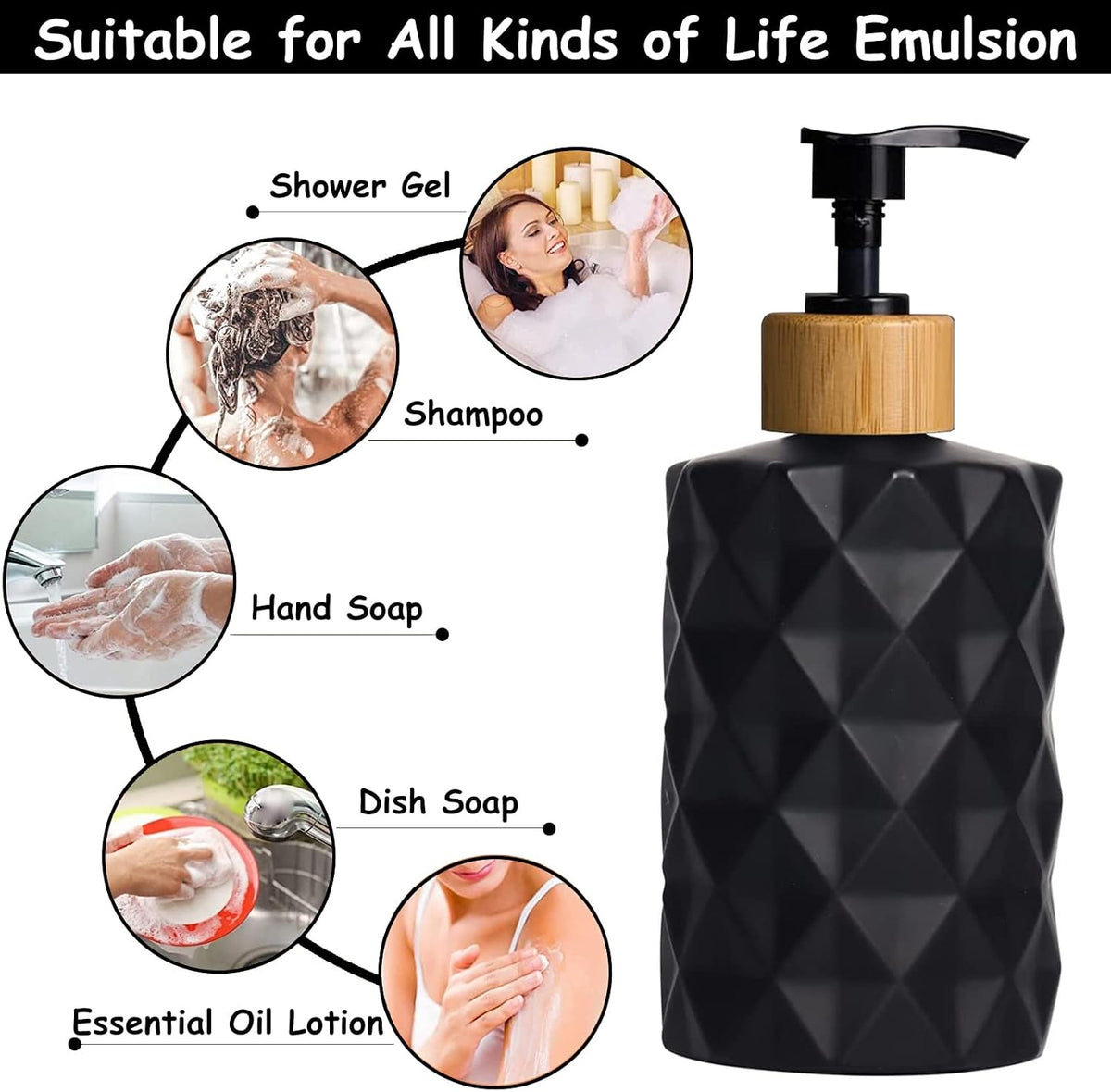 YYTSGG Black Glass Soap Dispenser Set with Bamboo Pump, 12oz, 2 Pack