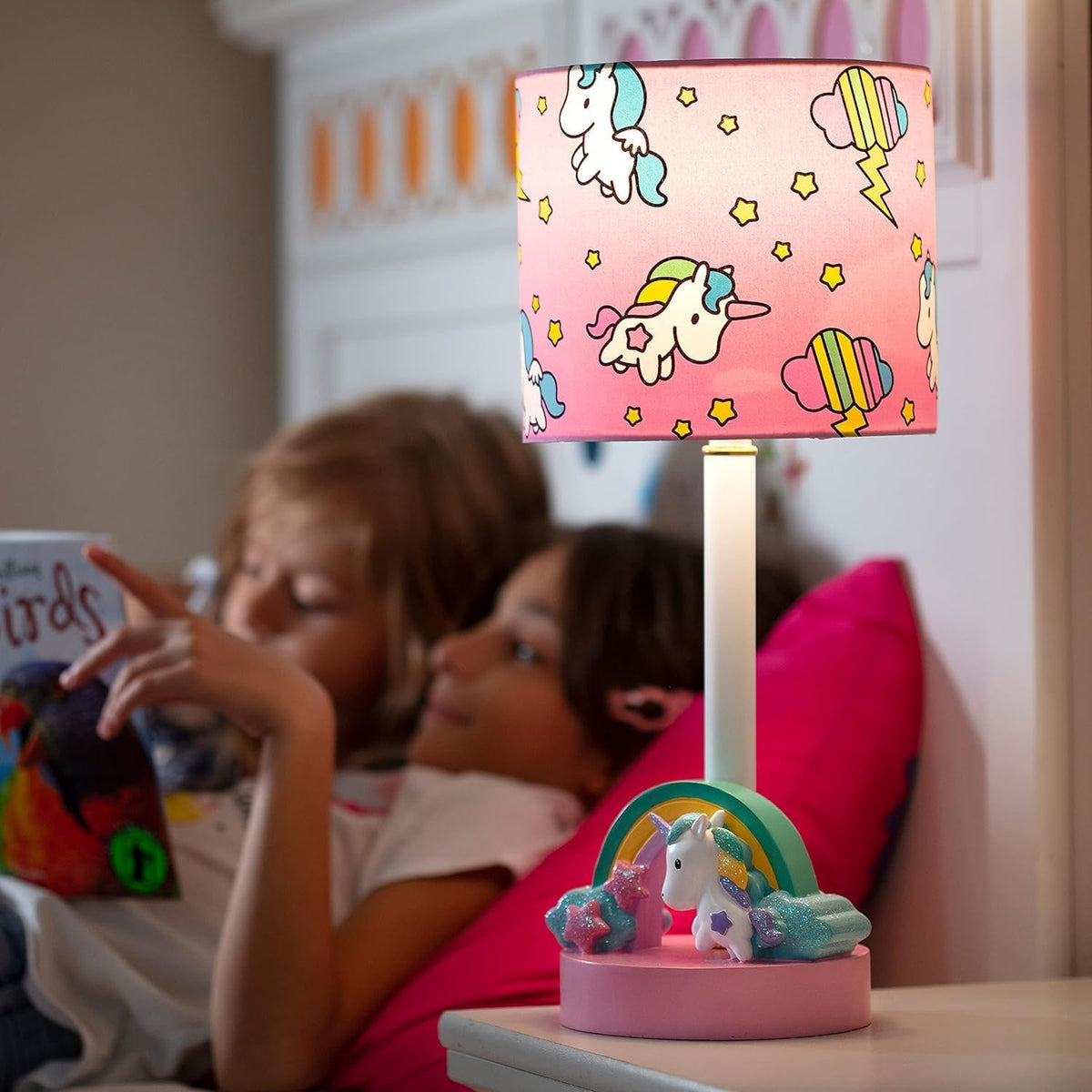 Unicorn Lamp for Girls Room | UL Listed Hand-Painted Rainbow Table Light with Pink Star Shade | Bedroom Nightstand Decor, Bulb Included