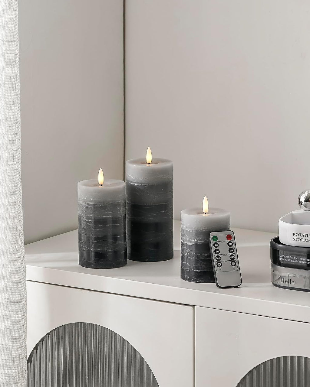 Stmarry Distressed Gradient Gray Flameless Candles with Remote and Timer, Real Wax Made LED Pillar Candles Battery Operated with 3D Flickering Flame - 3" x 4", 3" x 5", 3" x 6" - Set of 3