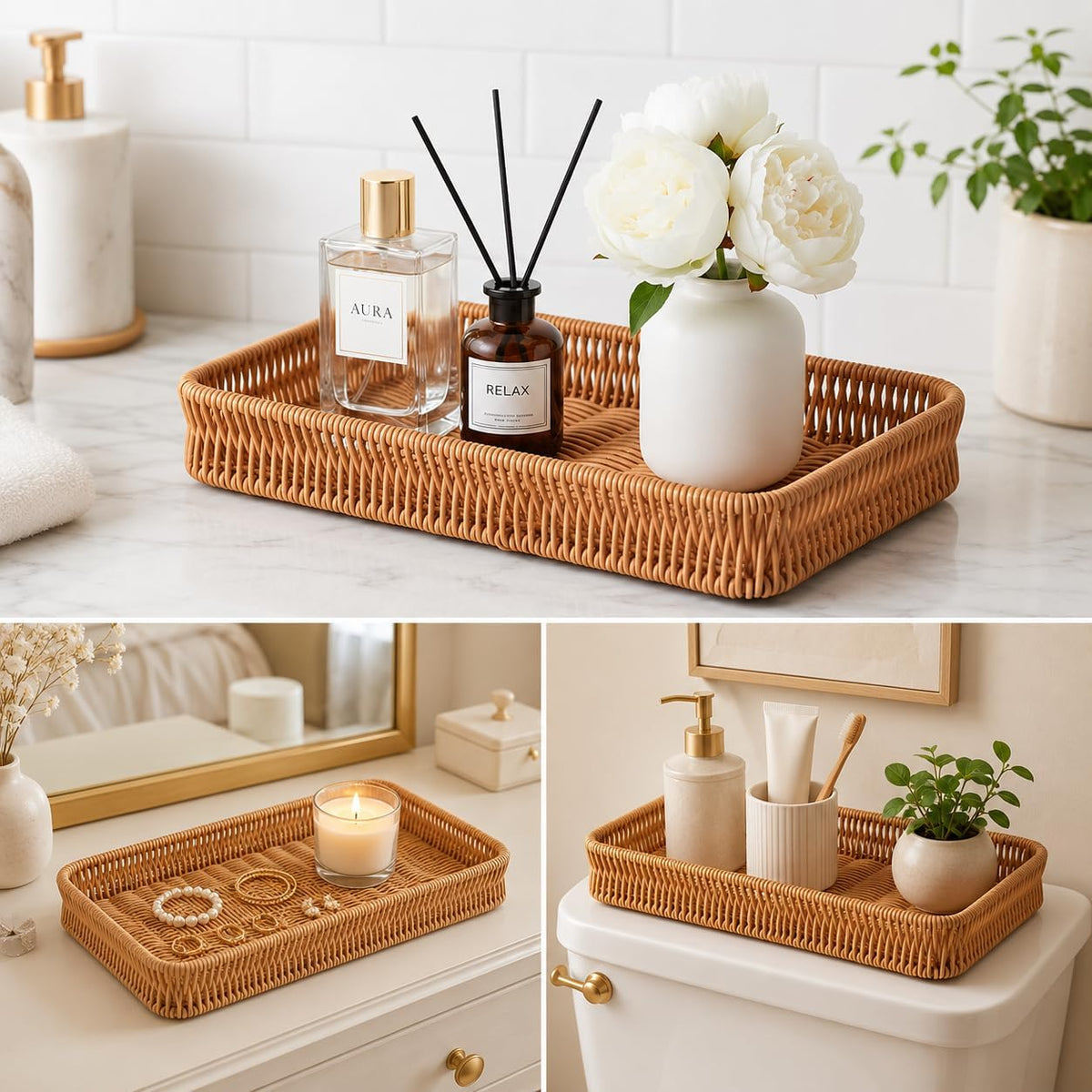 Toilet Tank Tray, Bathroom Vanity Tray, Metal Woven Organizer, Brown