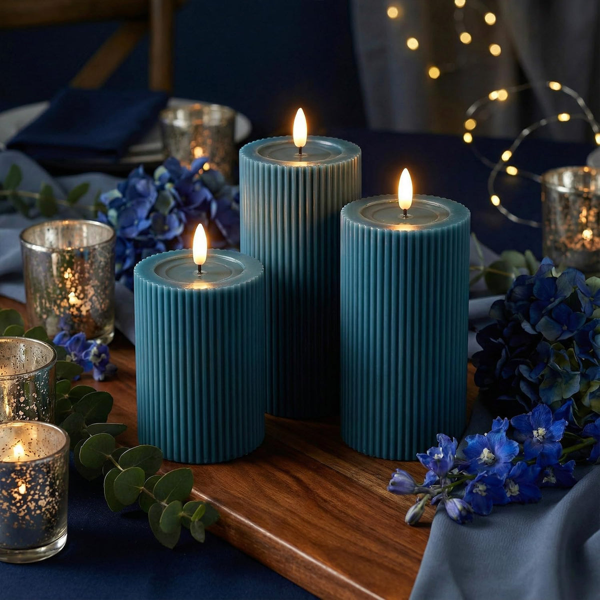 Fluted Ribbed LED Pillar Candles, Blue, with Realistic Reflective Melted-Wax Effect – Flickering Flame, Remote, Dimmable, Flameless, Battery Operated, Home & Wedding Decor (Set of 3)