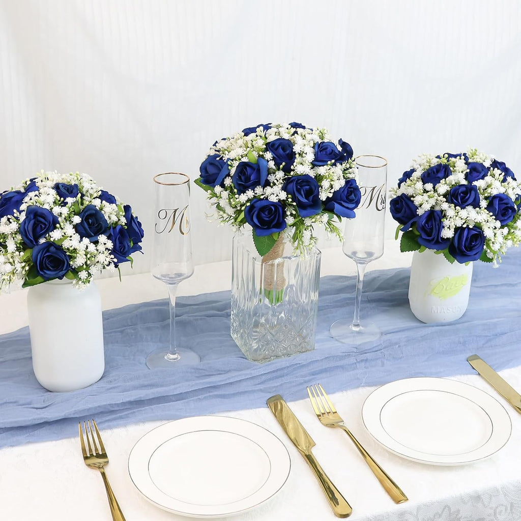 Artificial Bridesmaid Bouquets Set of 6 for Wedding-7 inch Navy Blue Flowers Bouquets for Bridesmaids, Faux Rose Gypsophila Rustic Small Floral Bouquet Fake Wedding Party Ceremony Anniversary Decor