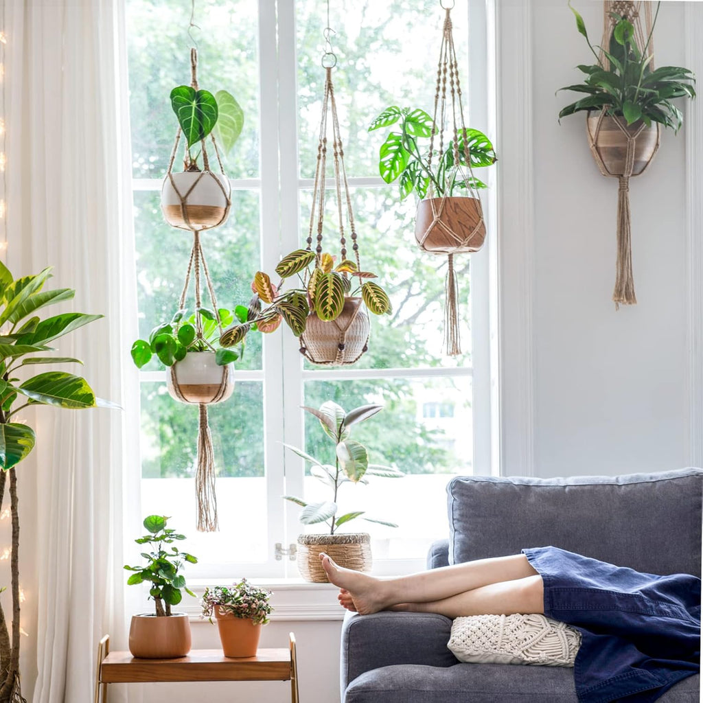 Mkono Macrame Plant Hangers Indoor Set of 4 Hanging Planter Basket Brown