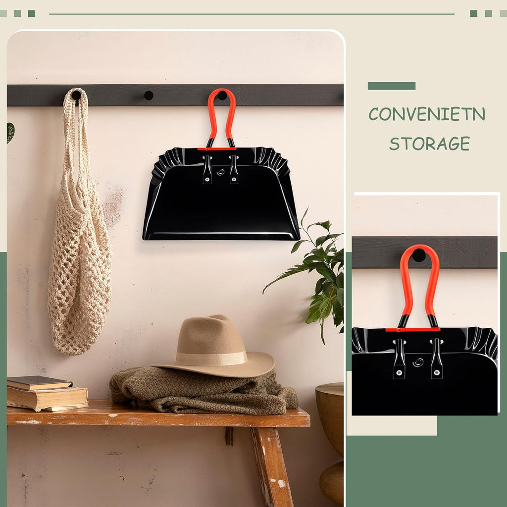 2 Metal Dustpans with Hand Brush, 17 Inch Heavy Duty Cleaning Set, Black