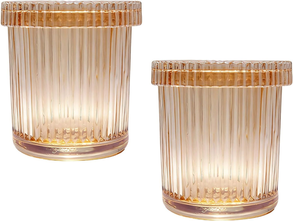 Bathroom Organizers and Storage, 2 Pack Glass Qtip Holder Canisters with Lids, Crystal Clear Apothecary Jars for Cotton Balls, Swabs, Floss, Candy & Makeup Pads (Amber)